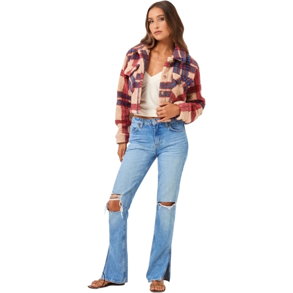 L*SPACE Big Sur Plaid Sherpa Cropped Jacket NWT - Picture 3 of 11